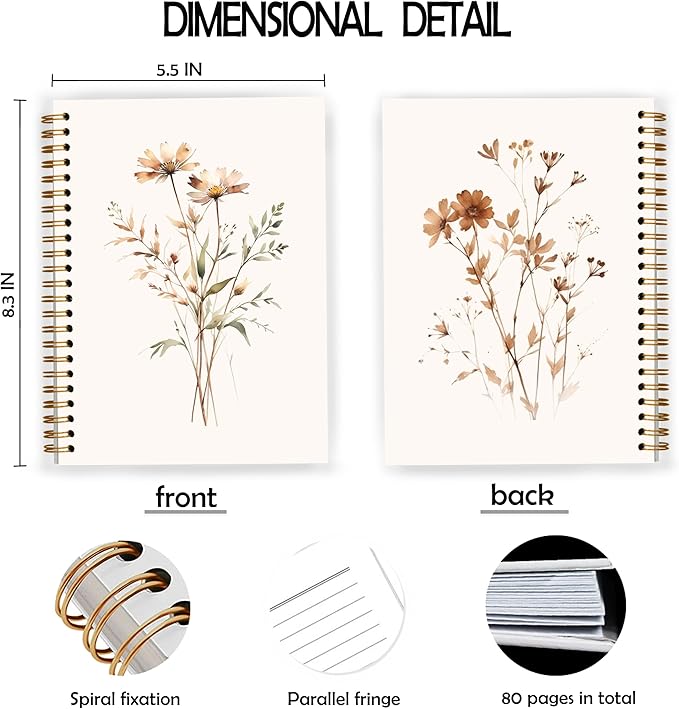 JWVK Retro Neutral Flower Spiral Notebook, Boho Floral Botanical Notebooks - Image 2