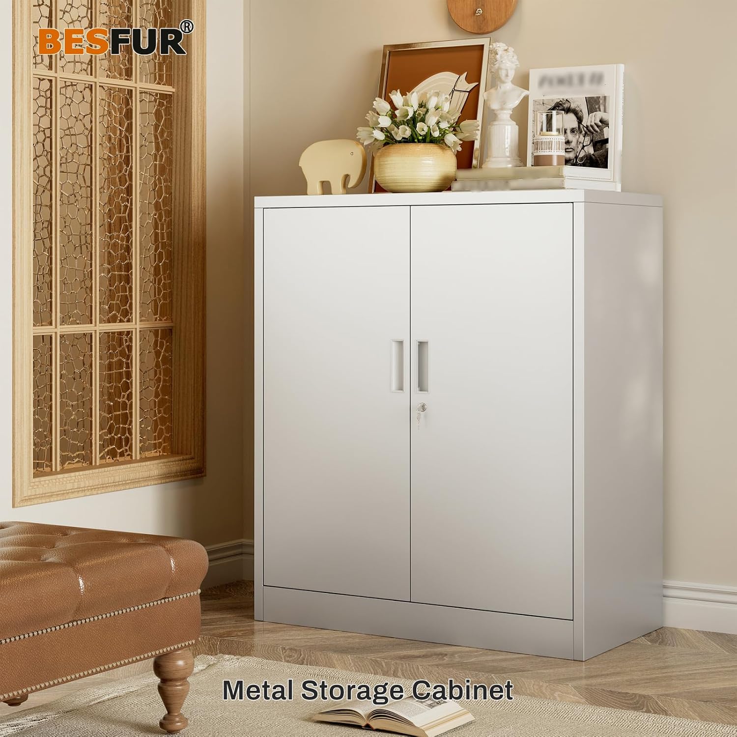 BESFUR Metal Storage Cabinet, Garage Storage Cabinet with 2 Adjustable Shelves, Locking Short Storage Cabinet for Office Garage Home, White Metal Cabinets (36" H x 31.5" W x 16" D)