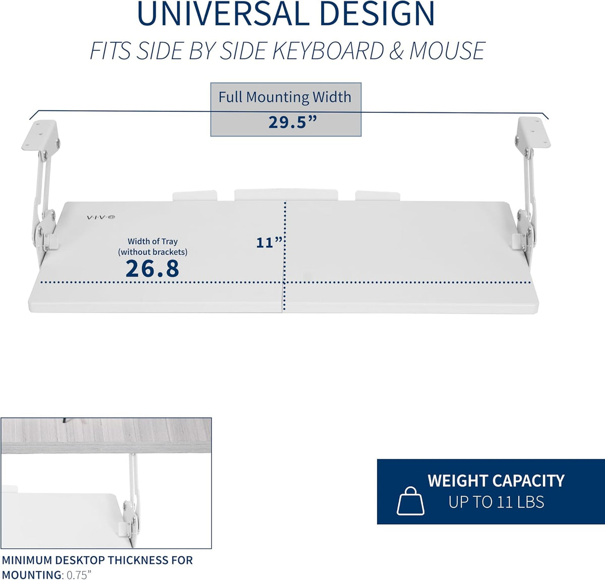 VIVO White Under Desk 27 x 11 in Adjustable Keyboard Tray, MOUNT-KB08SW