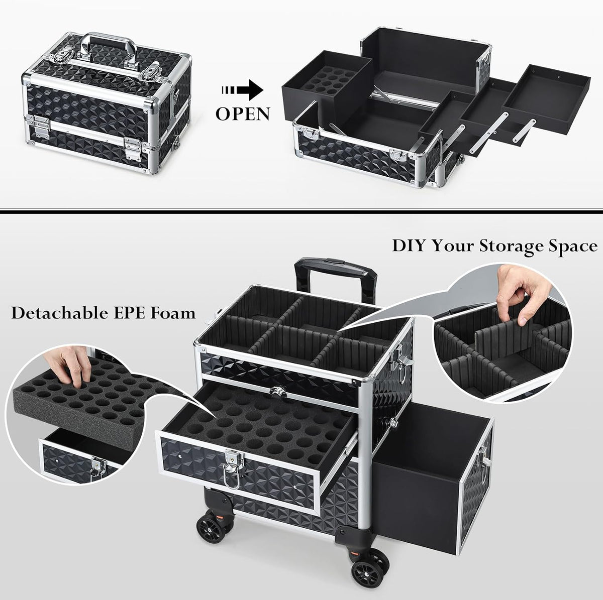 Joligrace Rolling Makeup Case with Drawers - Tattoo Storage Organizer Travel ...