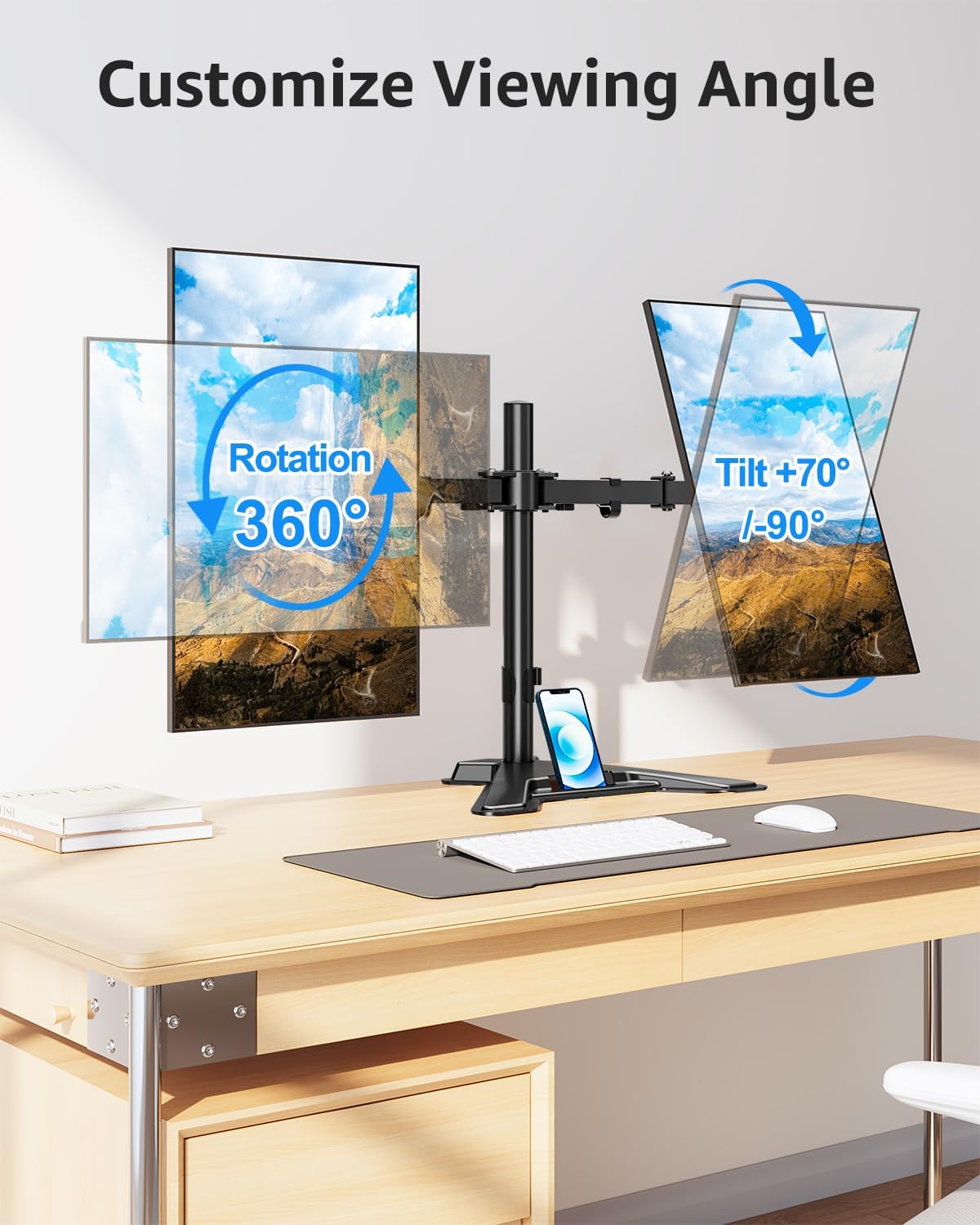 mountup dual monitor stand - freestanding & height showing dimensions