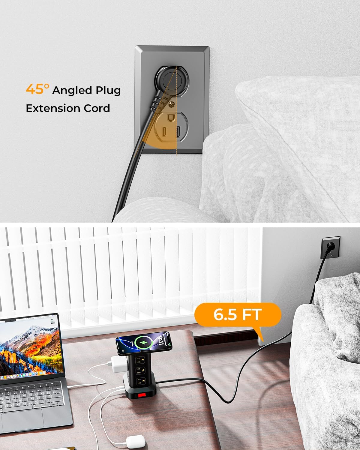 Power Strip with 12 Outlets 4 USB (1 USB C), 6.5Feet Extension Cord with Mult...