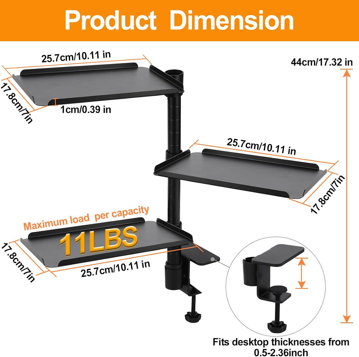 3 Tier Clamp On Desk Shelf,360° Rotatable Adjustable Above or Under Desktop O...