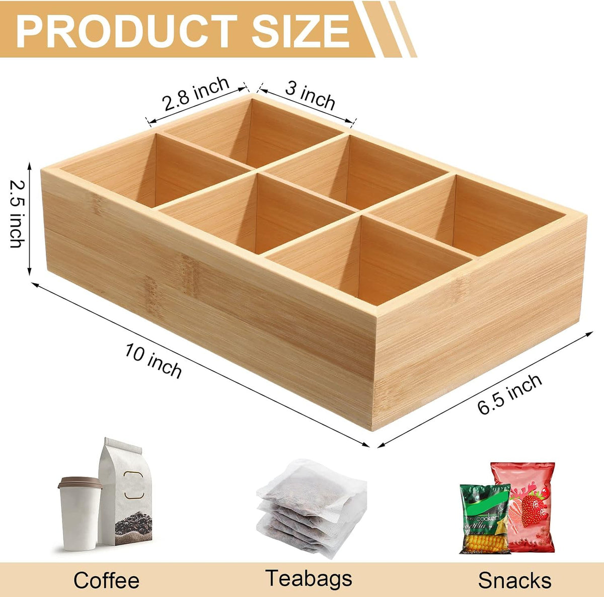 Maitys 4 Pcs Bamboo Tea Organizer, Beige 6 Compartment Storage Box