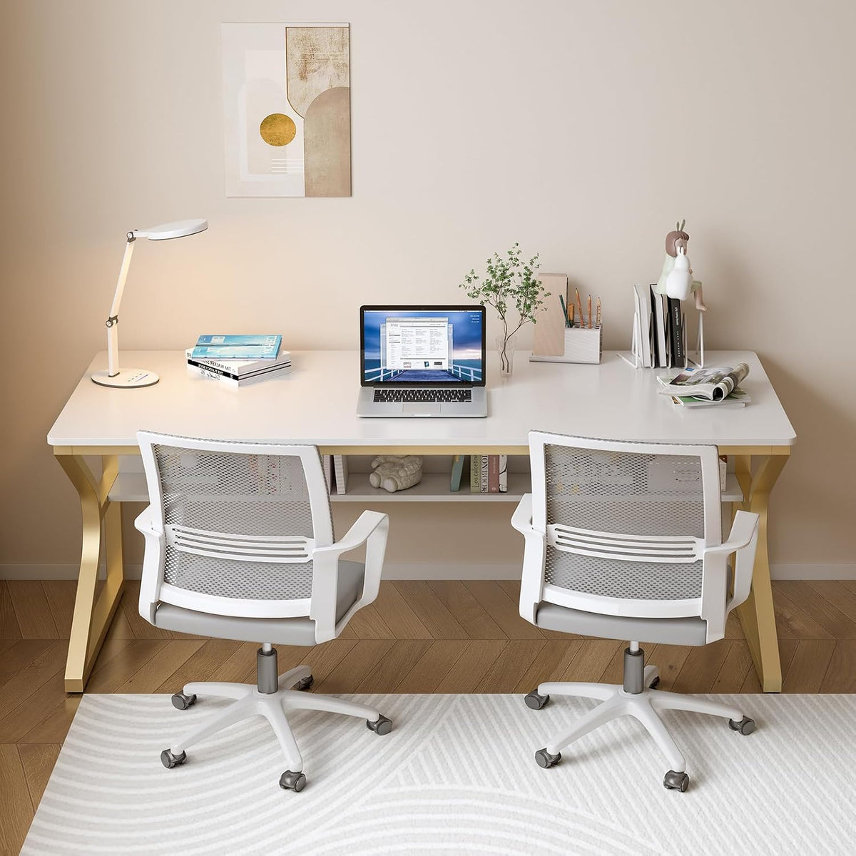 OSCHF 63-Inch Extra Long Desk with Storage Shelf, Gold