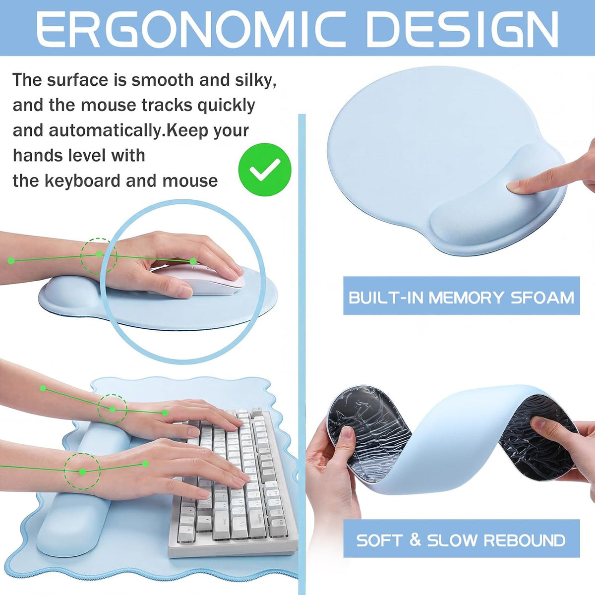 Sabary Scalloped Desk Mat Keyboard Mouse Pad Set Blue 35.5 x 15.7 Inch