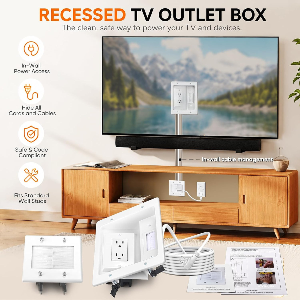 in Wall Cable Management Kit, TV Cable Hider Wall Kit with Recessed Outlet