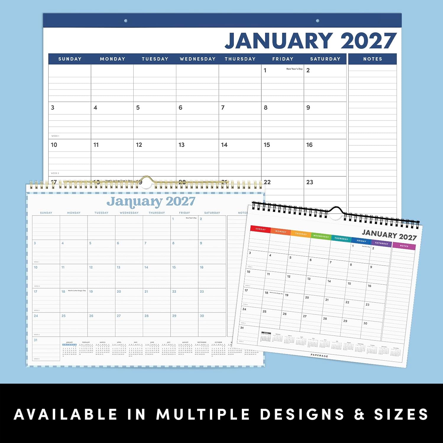 PAPERAGE 2027 Calendar, 12 Months (January 2027 - December 2027), Small (9 in x 11 in), Minimalist Wall and Desk Calendar with Monthly Views, Yearly Plans & Notes Section – Rainbow