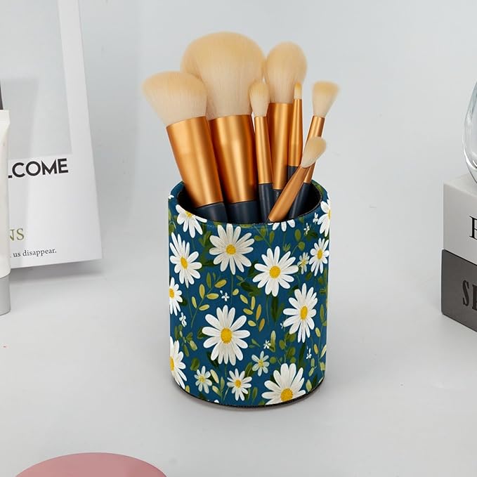 Leather Pen Holder for Desk Small Daisies Leaf Pencil Cup Desktop Organizer - Image 6