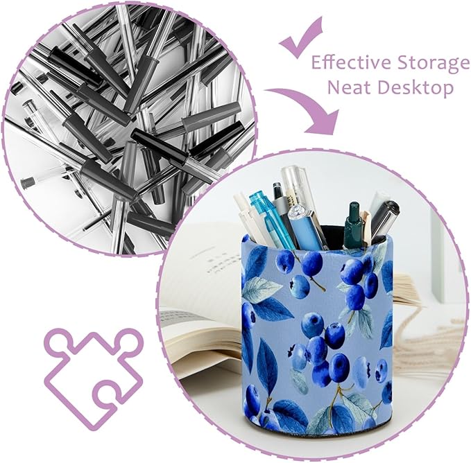 Leather Pen Holder for Desk Blueberry Blue Pencil Cup Desktop Organizer Makeup - Image 4