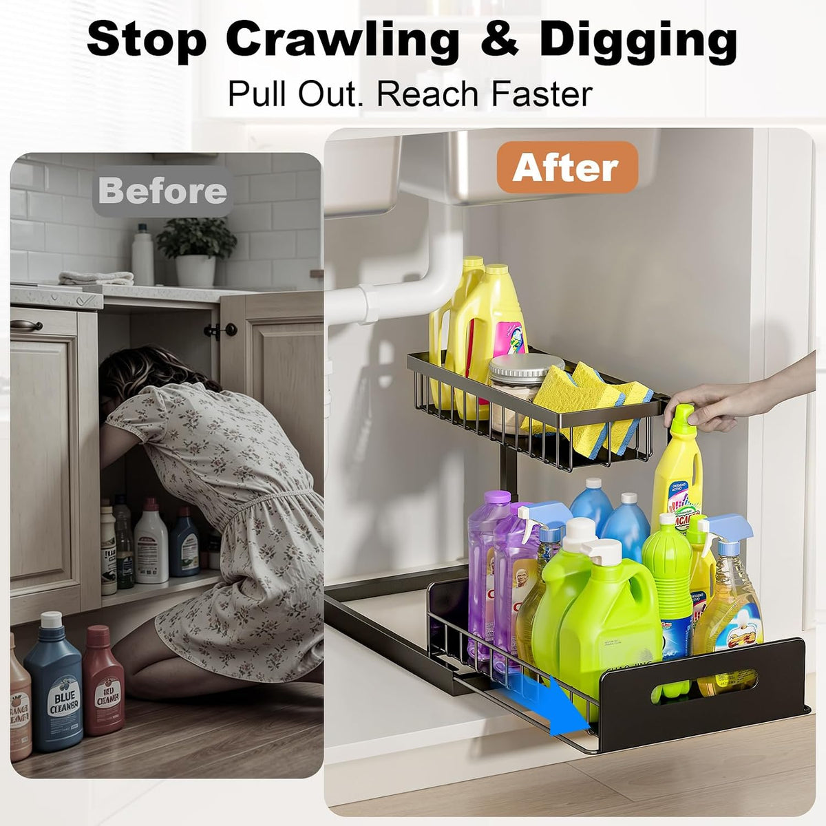 REALINN Under Sink Organizer, L-Shaped Pull Out Cabinet Organizer, Kitchen