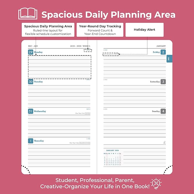 IN-LUXPRO Planner 2026 Daily Weekly and Monthly, 6.5"x3.75", 12 Months Spiral - Image 3