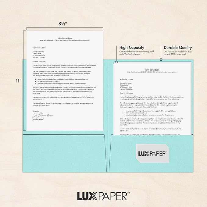 LUXPaper 9" x 12" Presentation Folders | Two Pocket | Seafoam Blue | 100lb. - Image 4