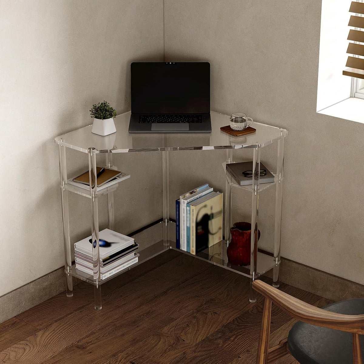 Eglaf Acrylic Triangle Corner Desk, 90-Degrees, Clear Desk with Storage