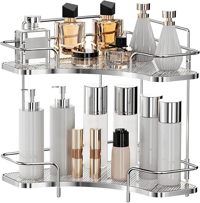 Seoneiro 2 Tier Corner Bathroom Counter Organizer, Cosmetic Skincare Organizer by Seoneiro