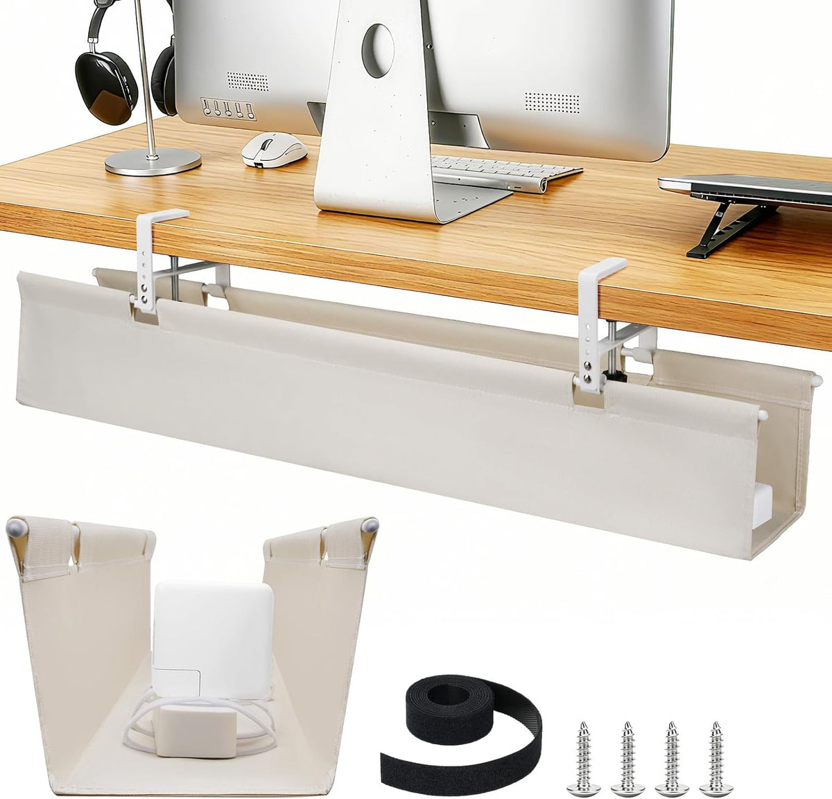 SHUWEI 48" Under Desk Cable Tray, Fabric No-Drill Mount, Off White