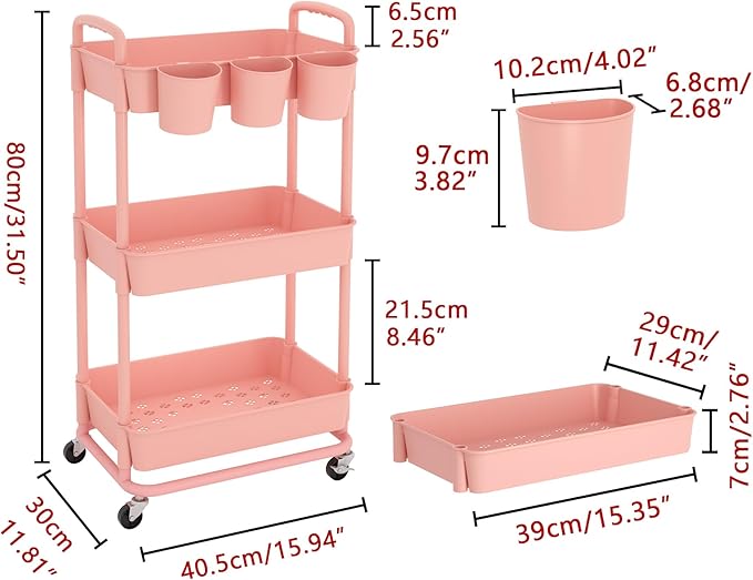 JIUYOTREE 3-Tier Plastic Rolling Storage Cart Utility Cart - Image 2