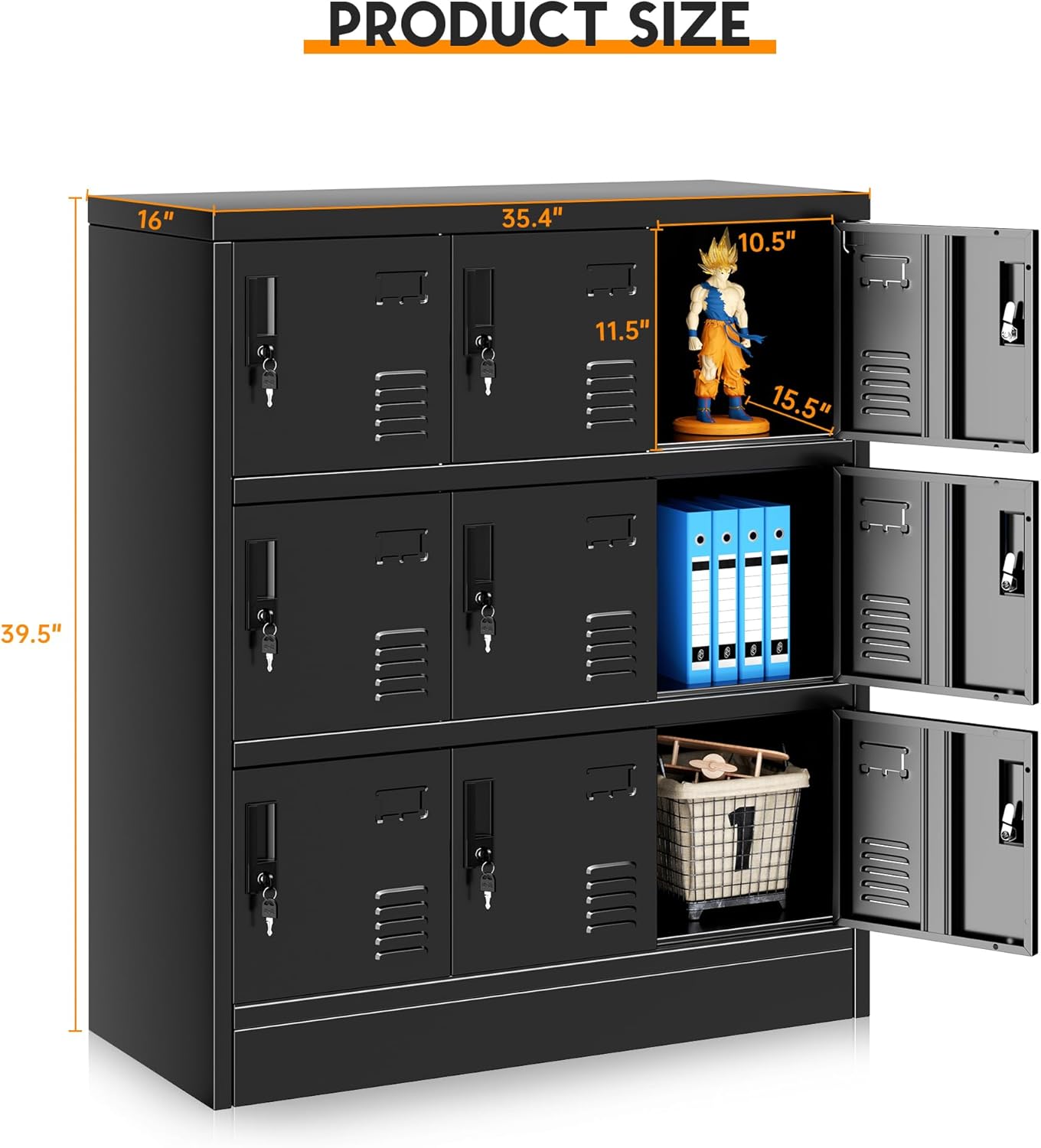 9 Door Metal Lockers for Employees, Black Lockable Steel Locker with Lock and Card Slot for Office, Gym, School, Home, Garage, Assembly Required