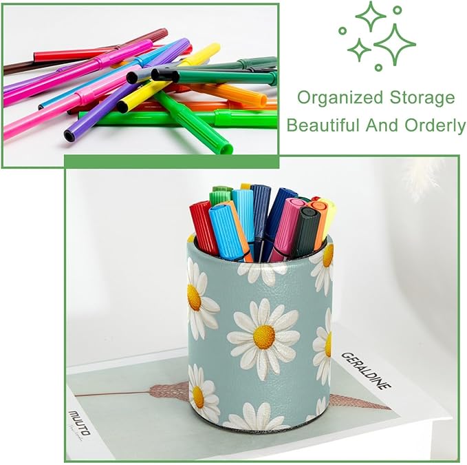 Leather Pen Holder for Desk, Daisy Pencil Cup Desktop Organizer Makeup Brush - Image 3