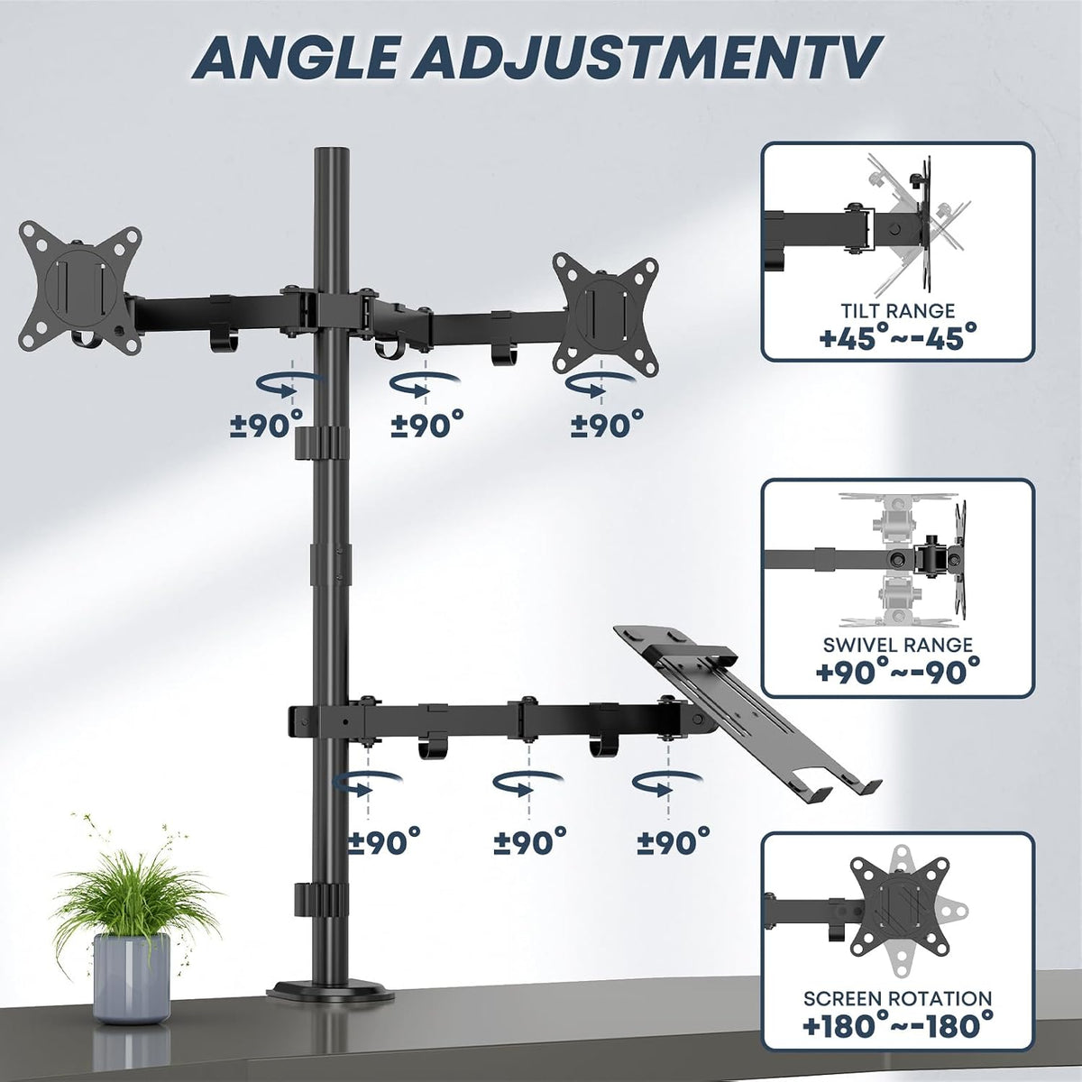 dual monitor stand and laptop mount, fits 32", close-up detail