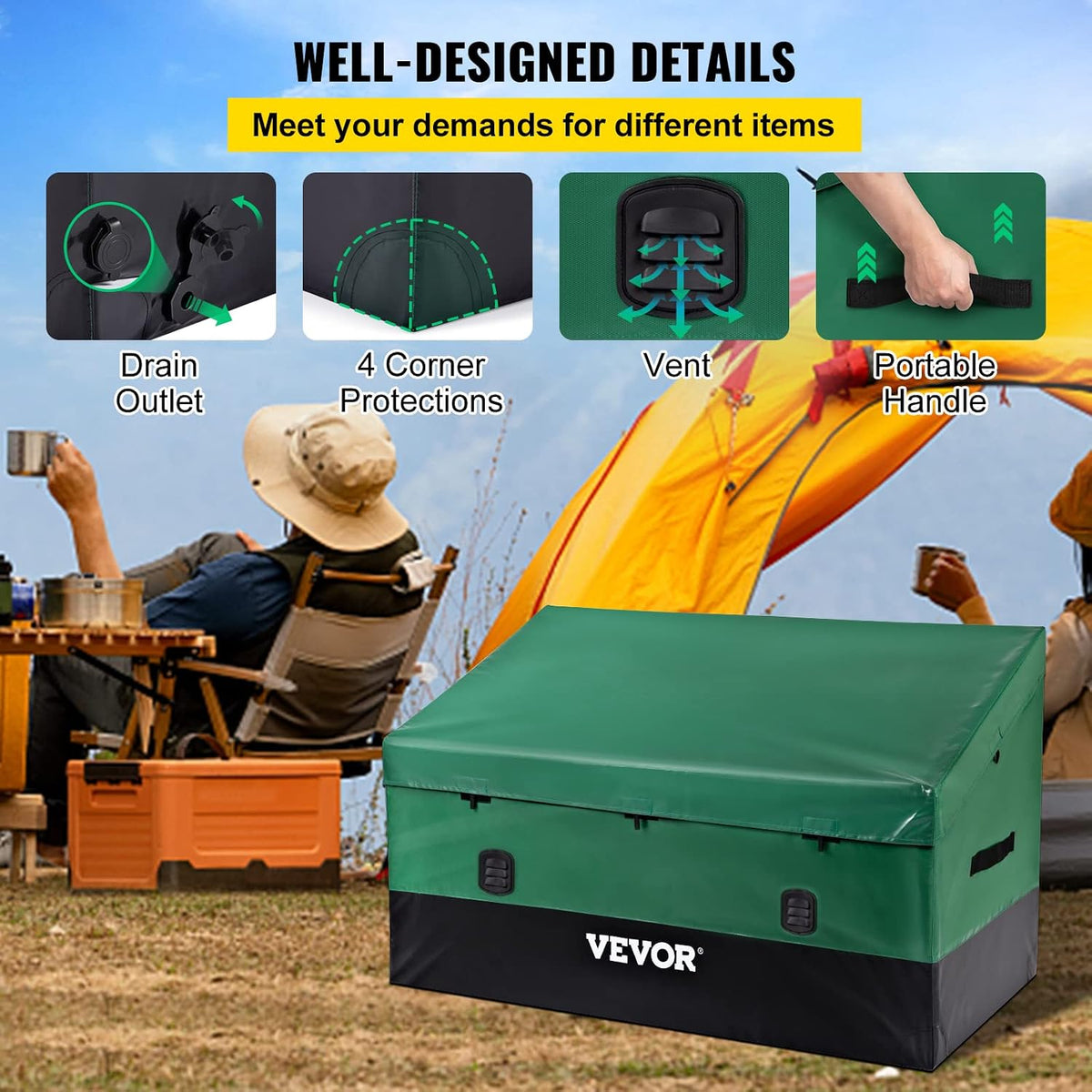 vevor outdoor storage box, 230 gallon waterproof pe showing dimensions