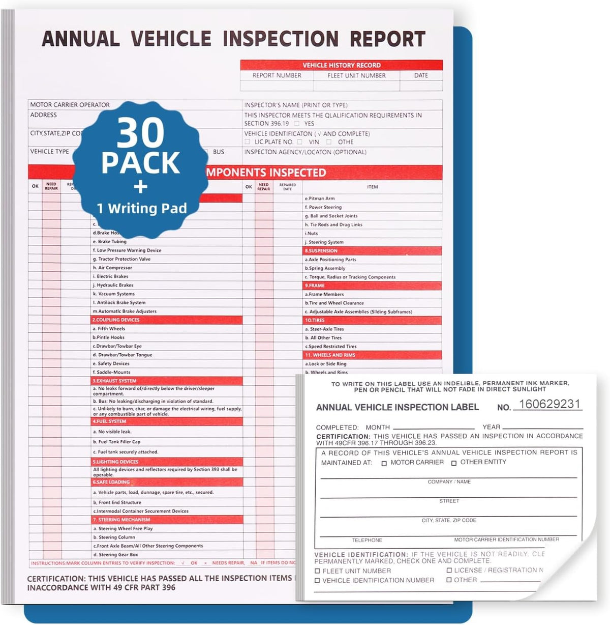 30-Pack Annual Vehicle Inspection Report Form, 3-Ply Carbonless Form and