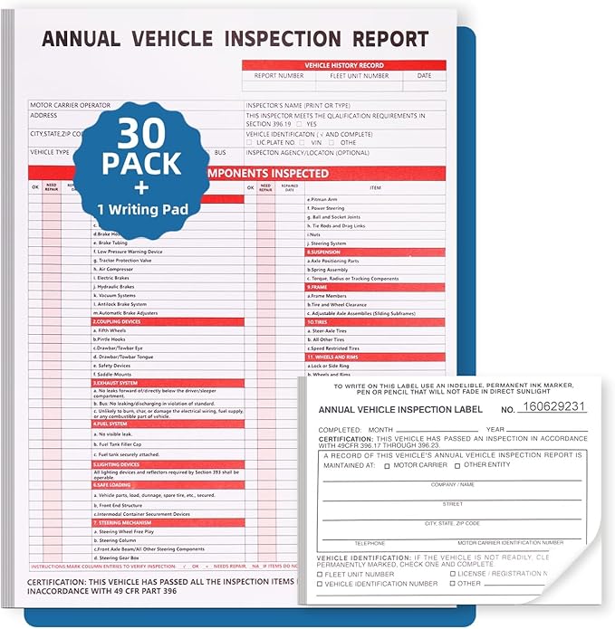 30-Pack Annual Vehicle Inspection Report Form, 3-Ply Carbonless Form and by Unknown