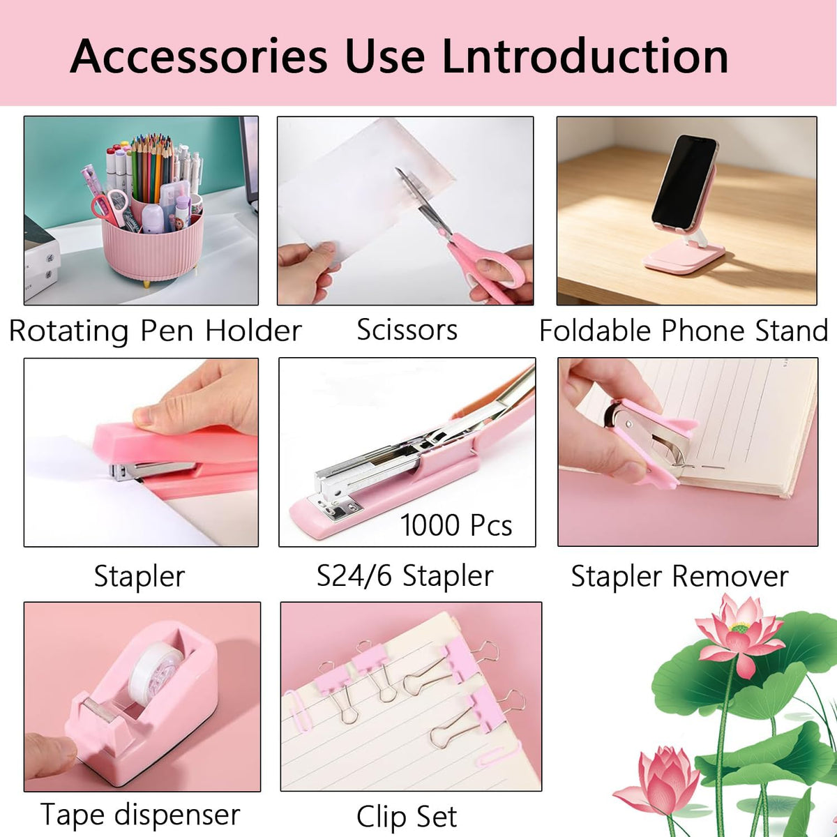 Office Supplies,Pink Desk Accessories,Desk Organizer,Stapler,Tape Dispenser,F...
