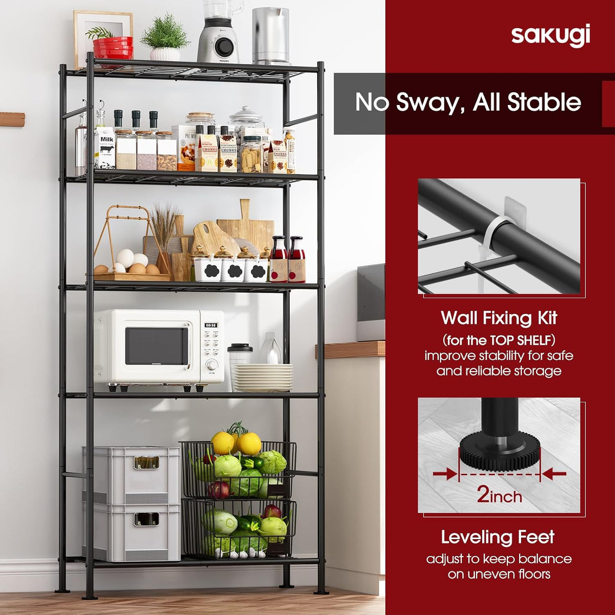 sakugi 2-pack 5-tier steel garage storage shelves, 33.5"x12.6"x72" showing dimensions