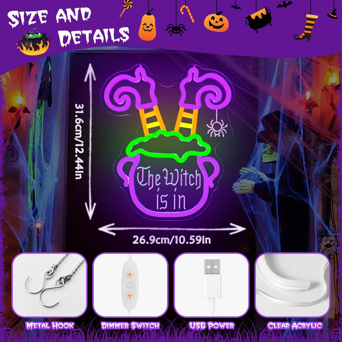 Halloween Neon Sign Dimmable Witch Legs In Cauldron LED Sign The Witch Is In ...