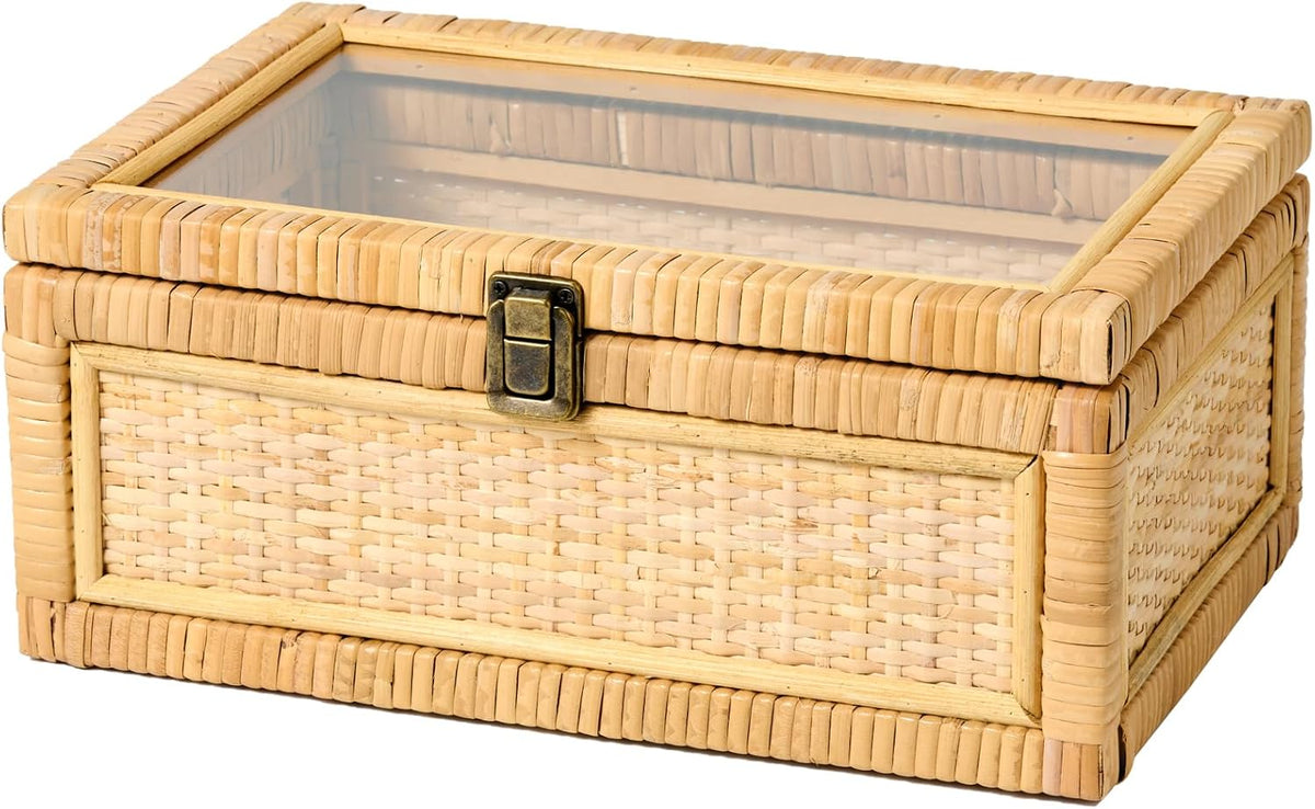 decorative boho rattan storage box with clear lid, main product view