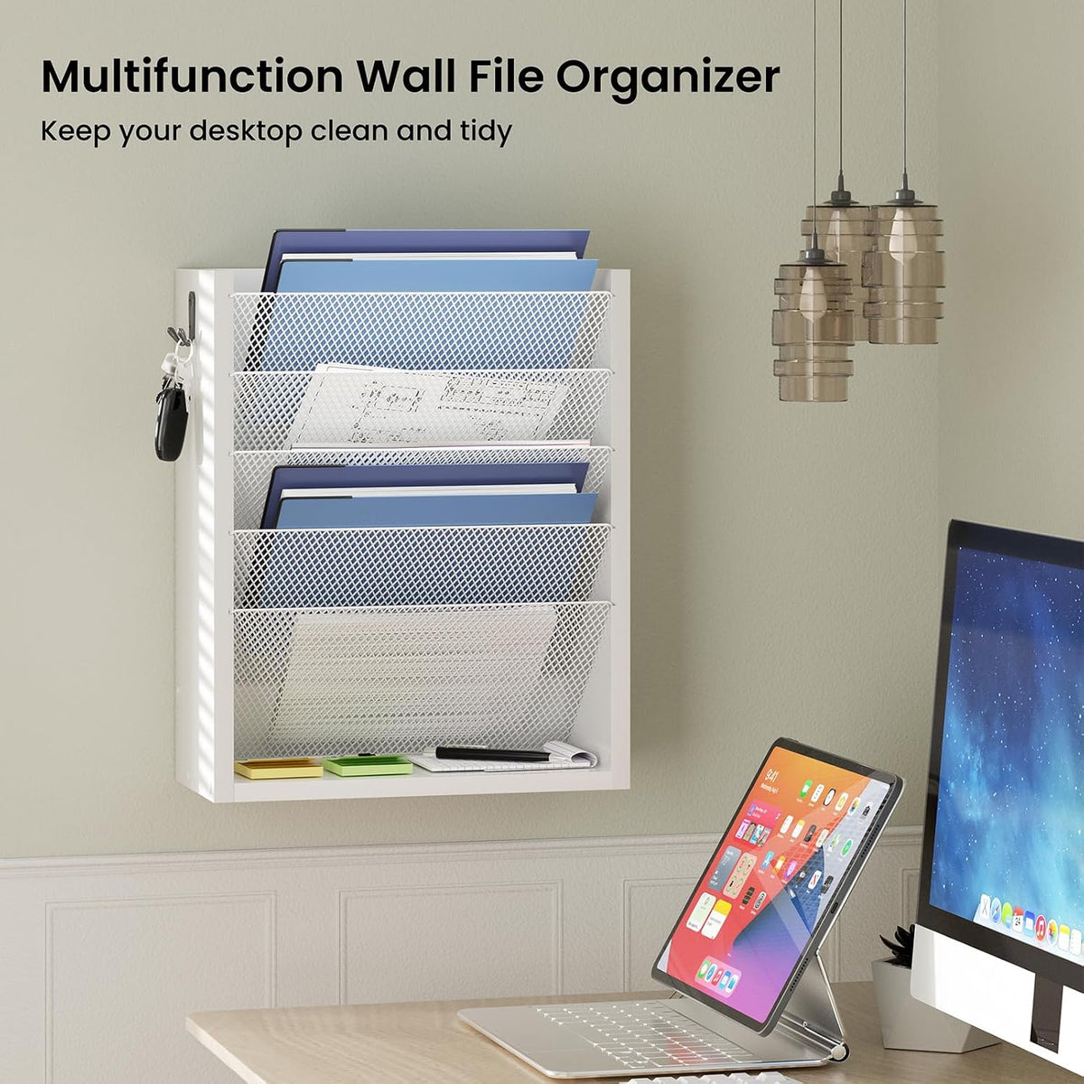Mail Organizer Wall Mounted, 6-Slot Hanging File Organizer with Key Holder
