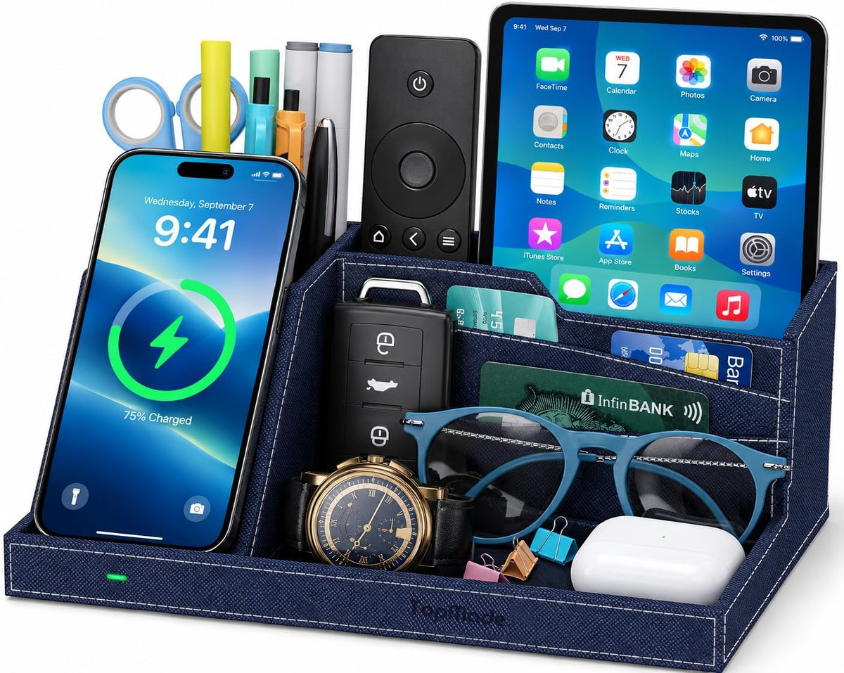 Desk Caddy with Fast Wireless Charger,Pen Holder Charging Station Organizer
