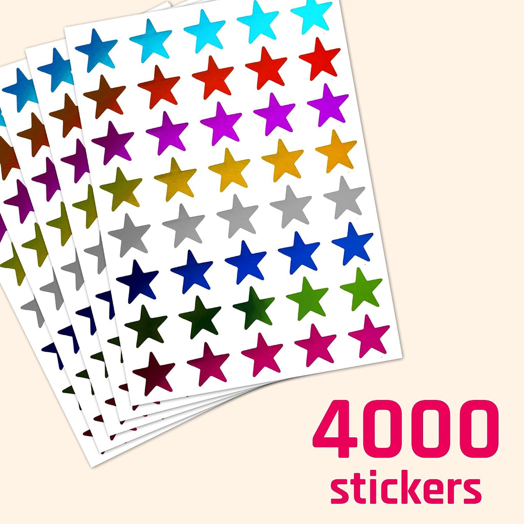 8 Colors, 4000 Pack, Foil Star Metallic Stickers, 0.6" Diameter