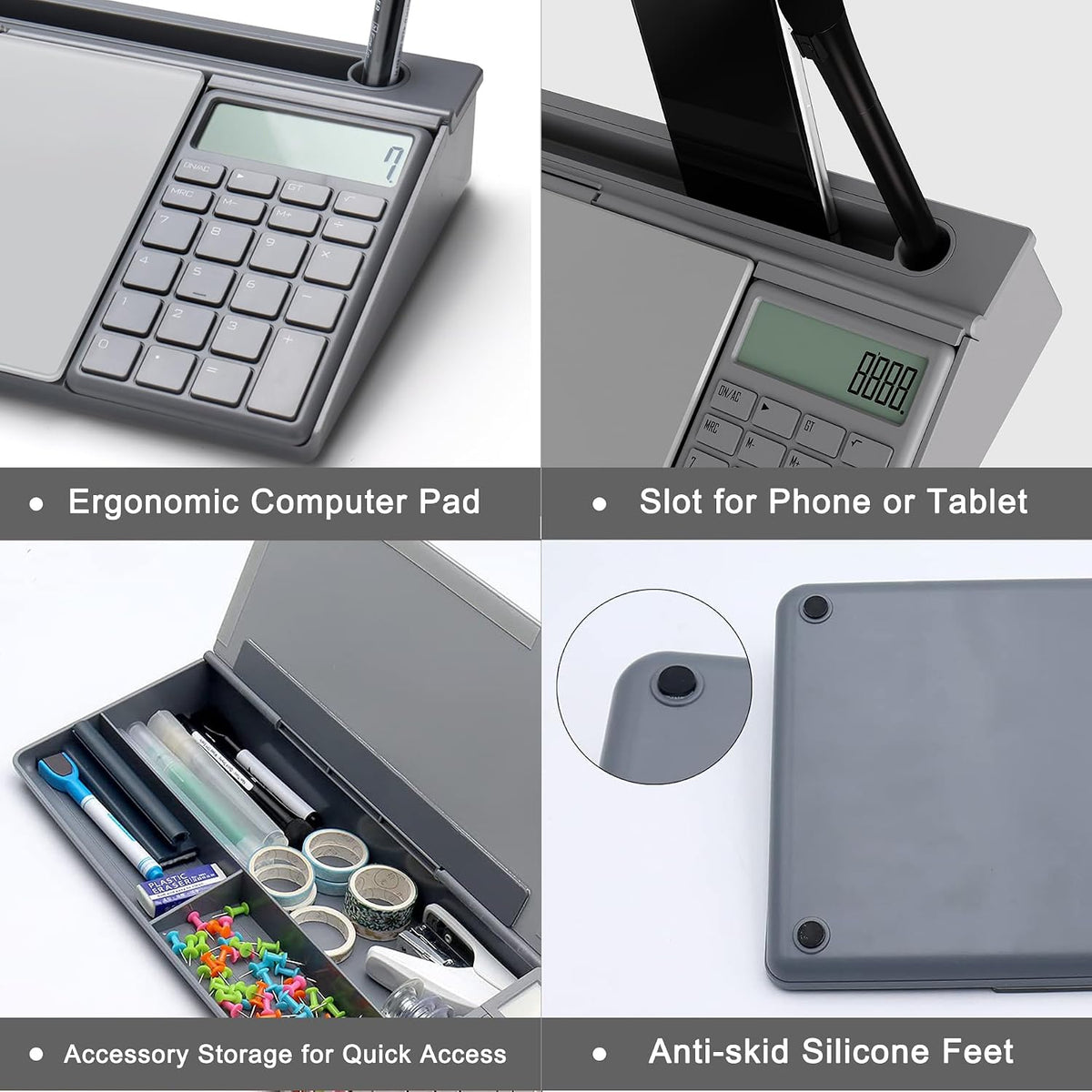 TOWON Glass Desk Whiteboard with Calculator 18x6 in, Desk Organizer, Gray