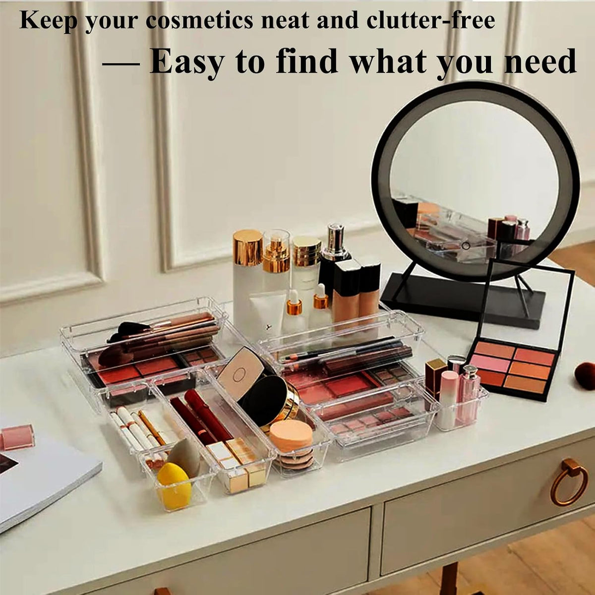 16 Pcs Extendable Clear Drawer Organizer, All Adjustable Vanity Storage Box, ...