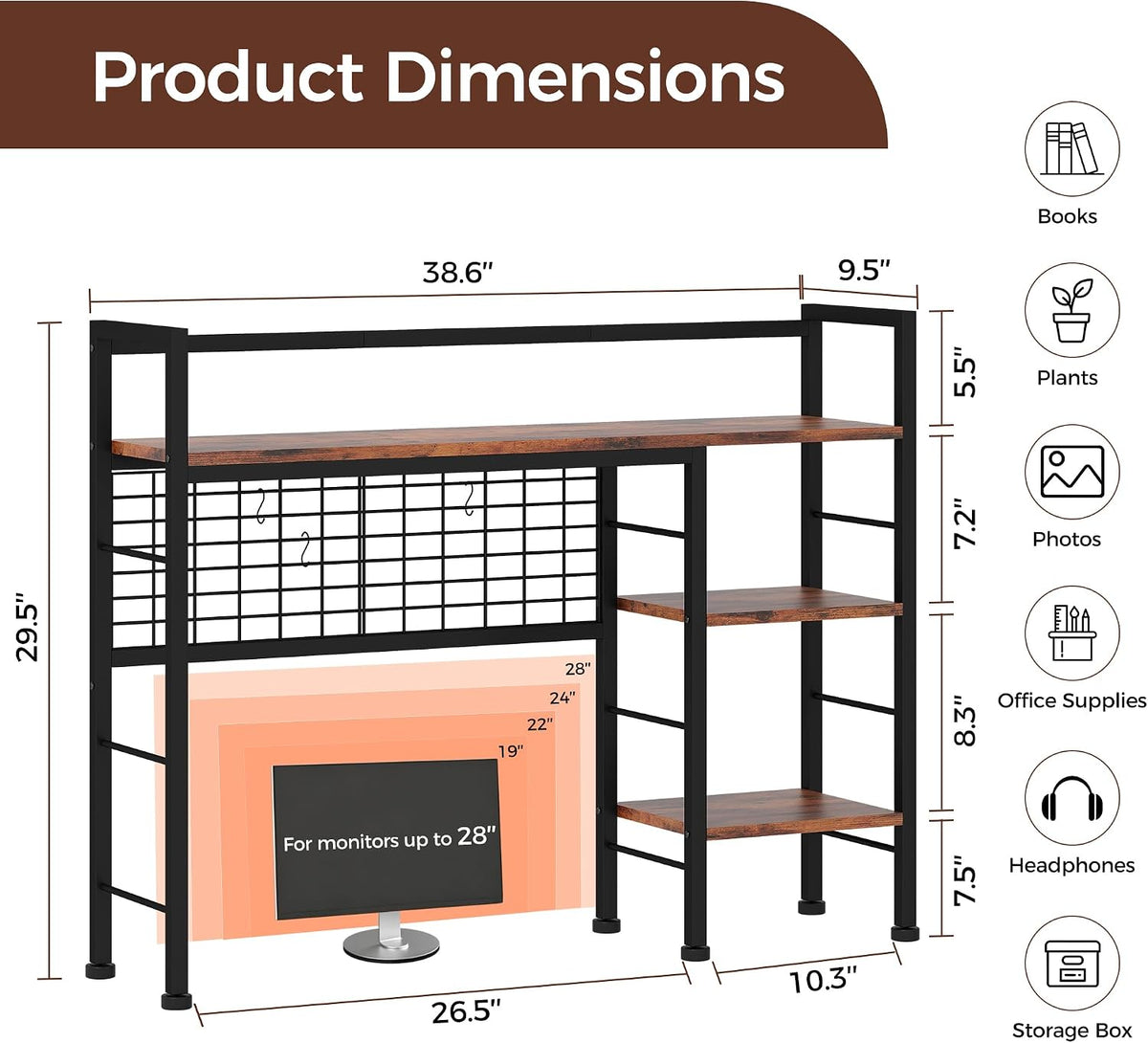 Desk Shelf,38.6" Desk Organizer Shelf,Wooden Desk Hutch for Computer Mon...