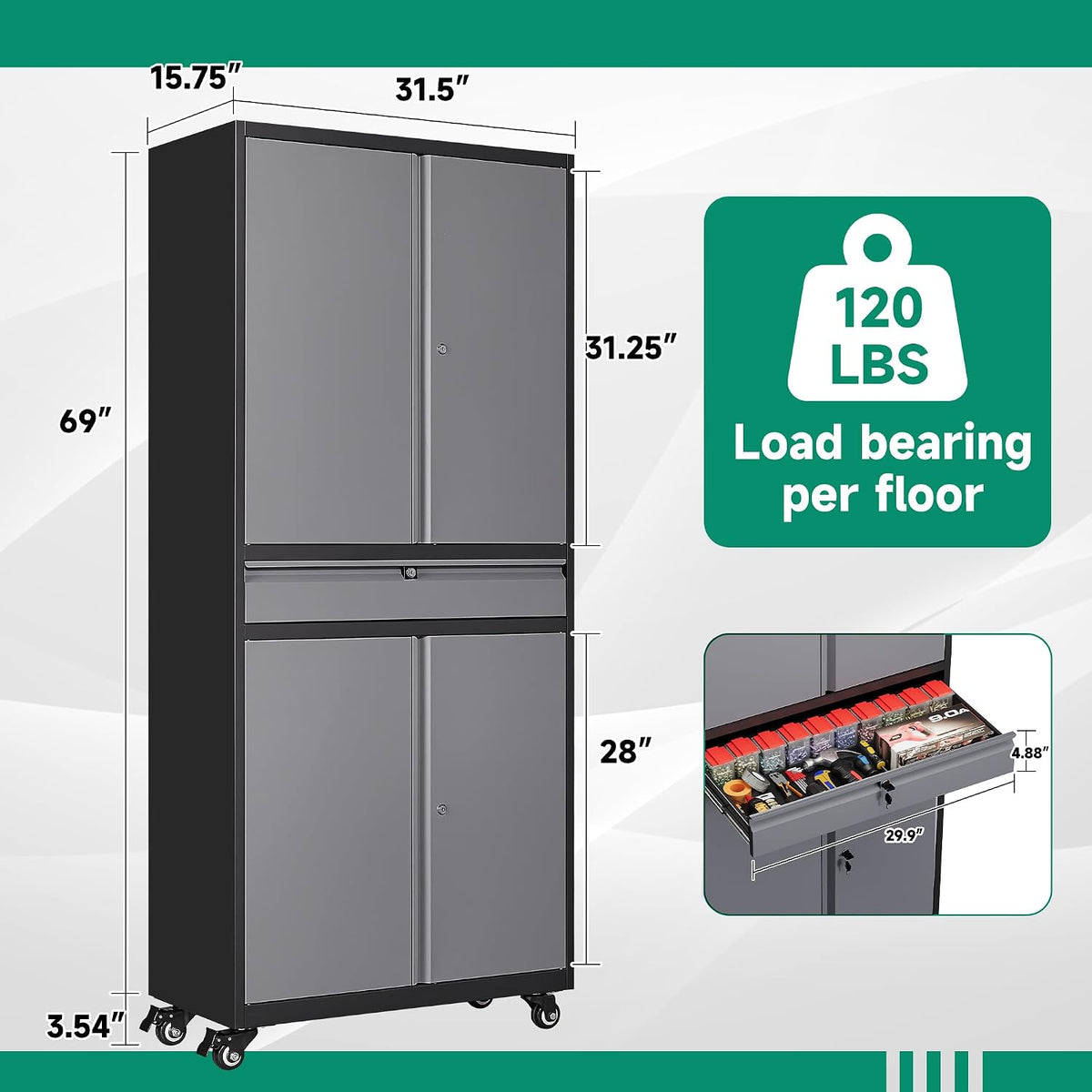 letaya metal garage storage cabinet with wheels,72” rolling, close-up detail