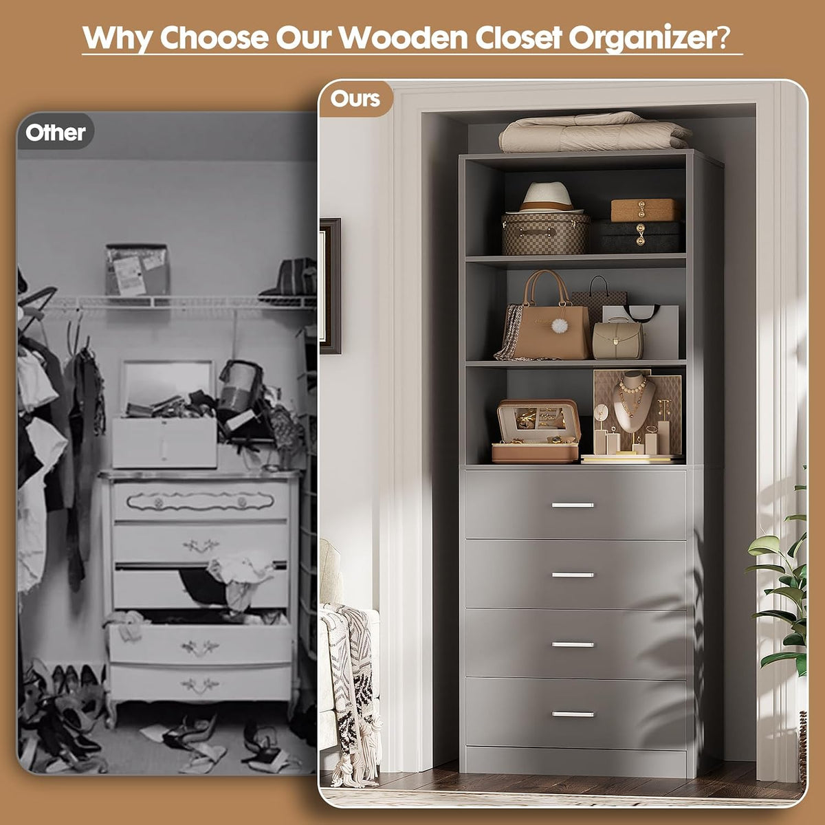 Aheaplus Closet Drawers System, 21.3" Wood Closet Organizer with 4 Drawers