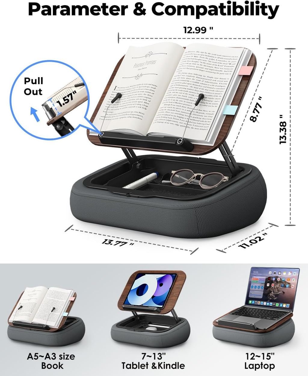 Viozon Lap Book Pillow Stand with Storage, Adjustable Beanbag Reading Pillow with Dark Wood Panel, Multi-Angle Book Holder for Hands-Free Reading in Bed or Sofa,Book Lover Essential,Soft Cushion