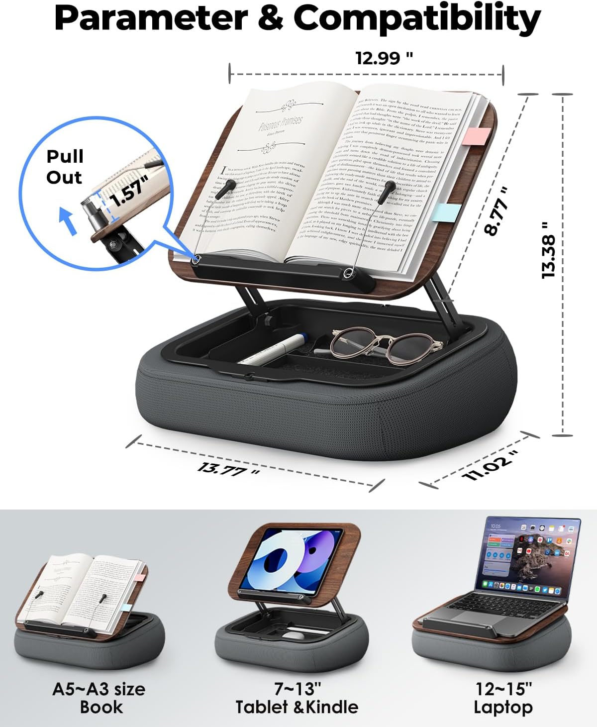 Viozon Lap Book Pillow Stand with Storage, Adjustable Beanbag Reading Pillow with Dark Wood Panel, Multi-Angle Book Holder for Hands-Free Reading in Bed or Sofa,Book Lover Essential,Soft Cushion
