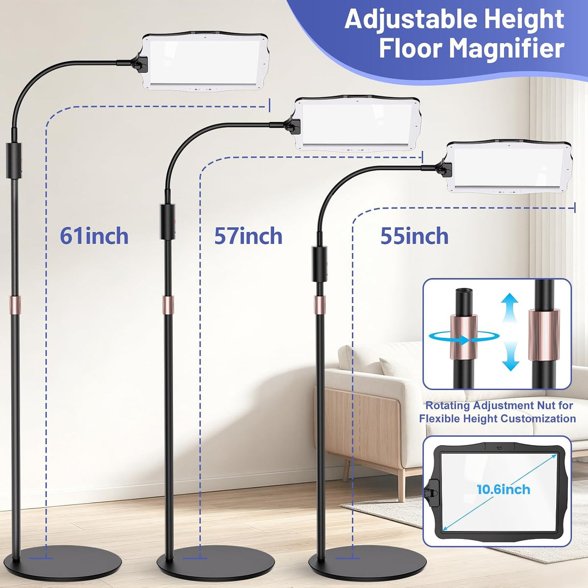 Hands Free Floor Standing Magnifying Glass with 48 LED Rechargeable Light, Ad...