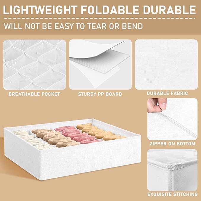 Criusia 3 Pack Sock Underwear Drawer Organizer Dividers, 64 Cell Fabric - Image 5