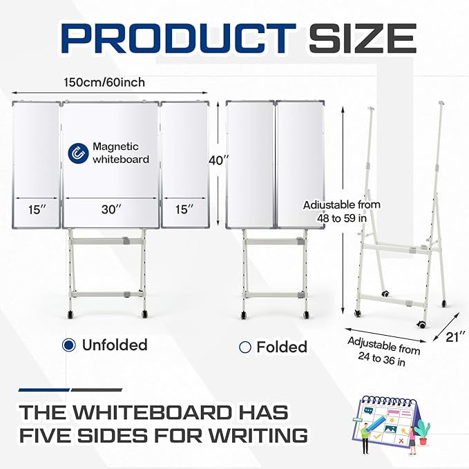 40" x 60" Rolling Whiteboard Foldable Dry Erase Board - Image 2