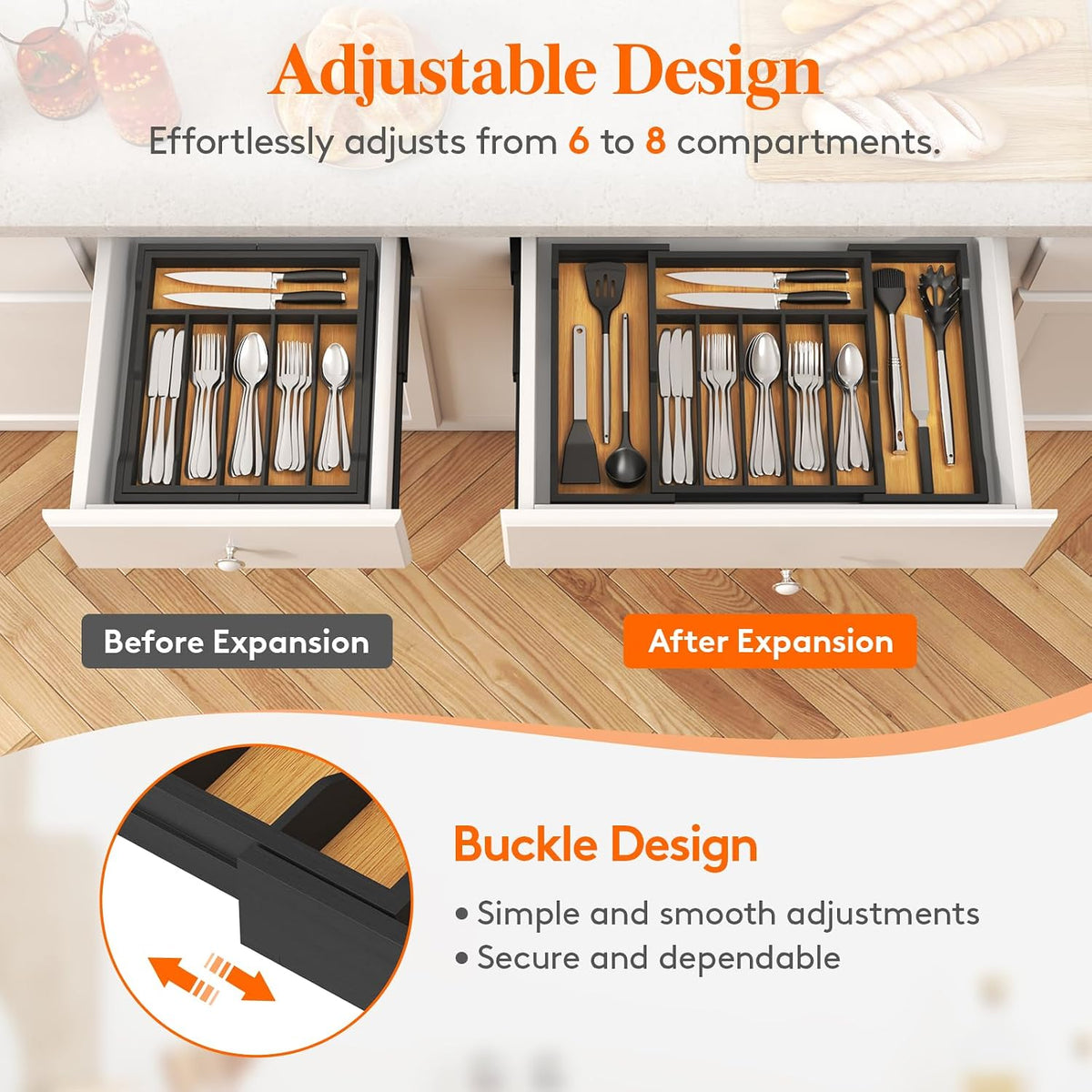 Lifewit Silverware Drawer Organizer, Wooden Utensil Tray for Kitchen