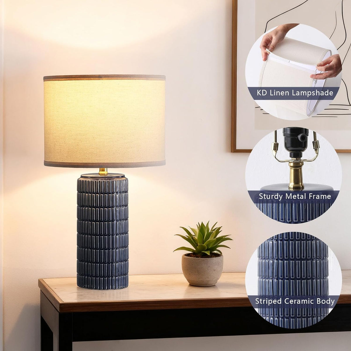 Modern Ceramic Table Lamp Set of 2, Bedside Lamp for Bedroom Decor, Nightstan...