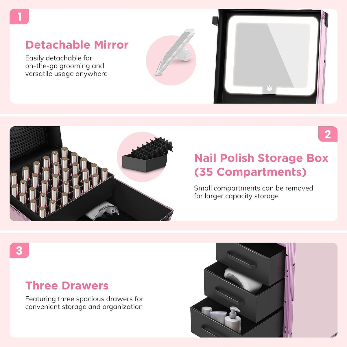 EASYINBEAUTY Rolling Portable Manicure Table with 3 Storage Drawers, Pink