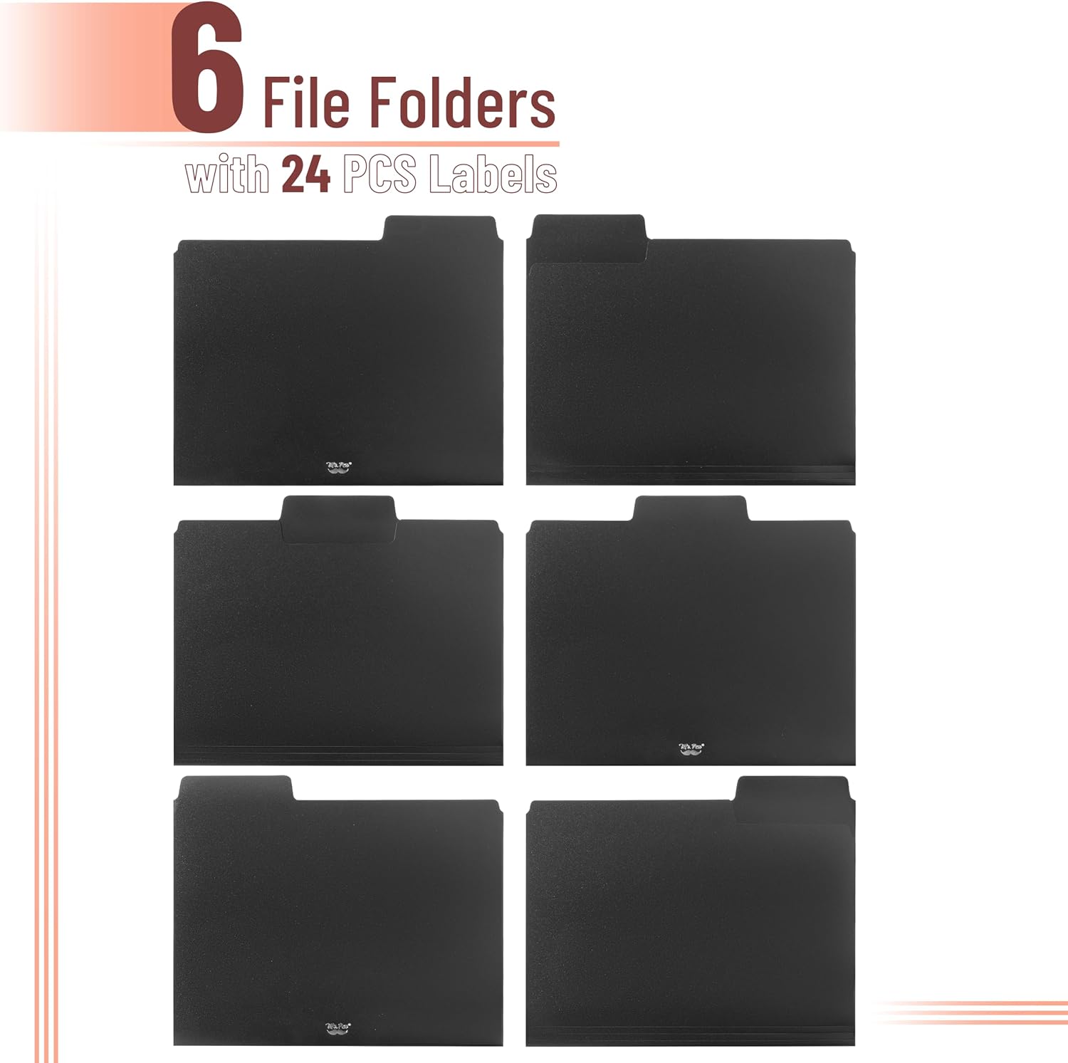 Mr. Pen- Black File Folders Letter Size, 6 Pack | 1/3 Cut Tab & Expandable Design, 24 pcs of Labels, File Folders Black
