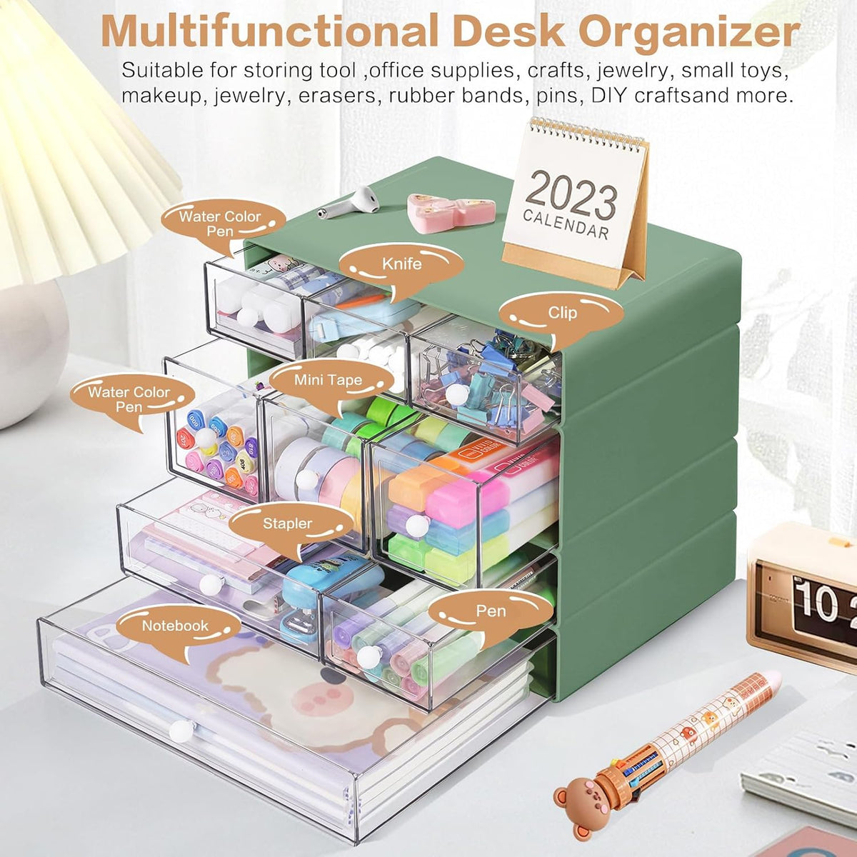 desk storage organizer with 9 drawers, 4 tiers showing dimensions