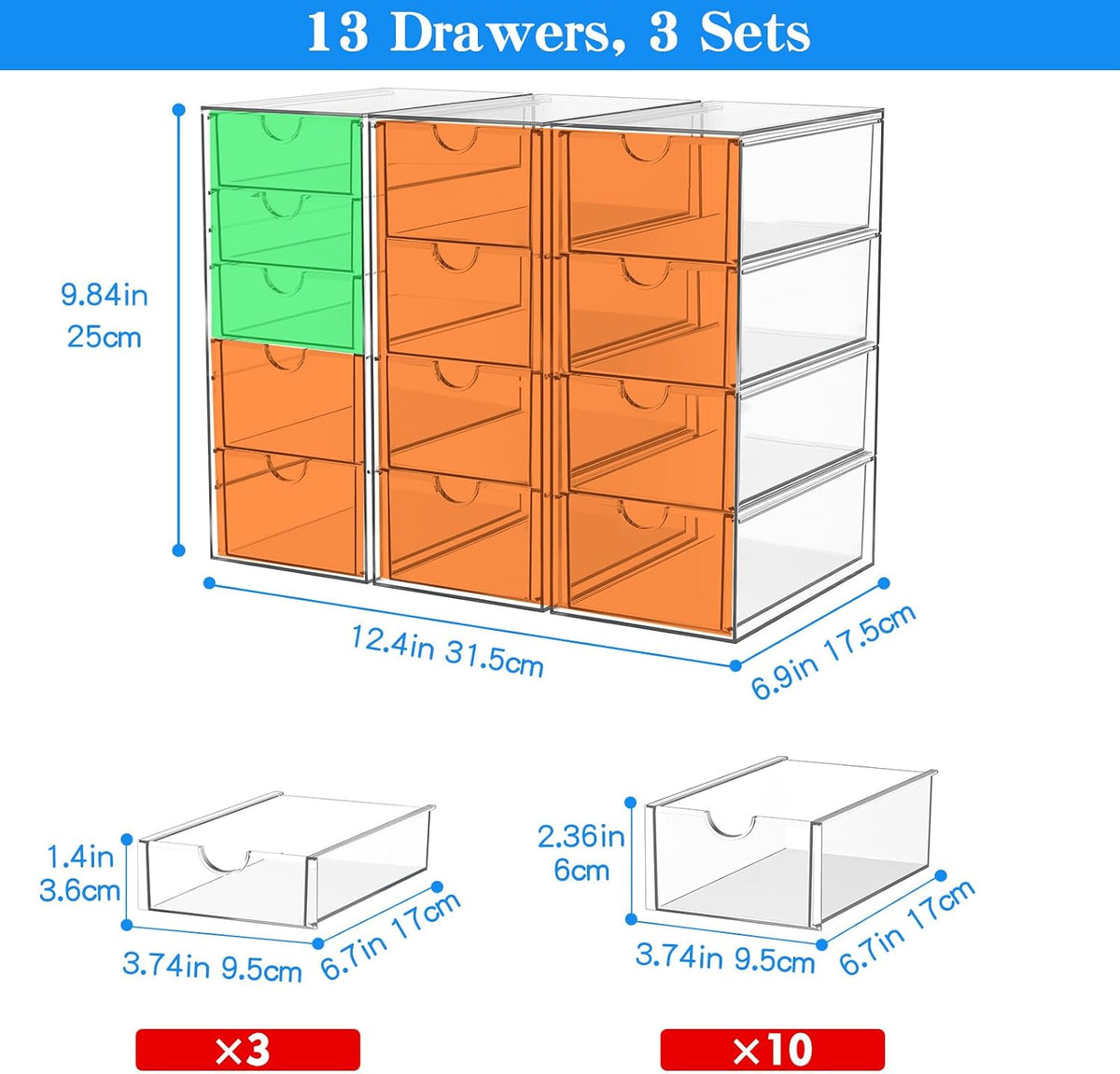 arstpeoe acrylic 13-drawer storage & makeup organizer for, close-up detail